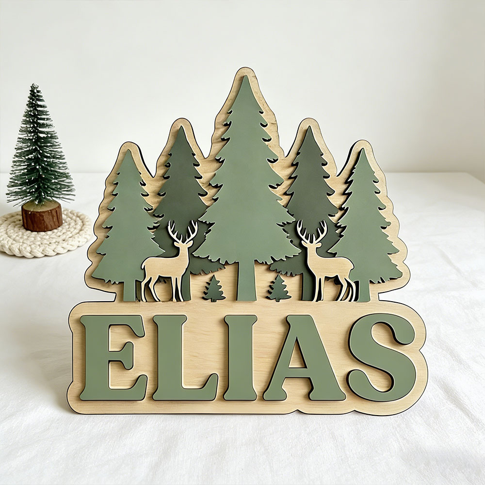 Baby Nursery Forest Theme - Targa Personalizzata in Legno per Porta