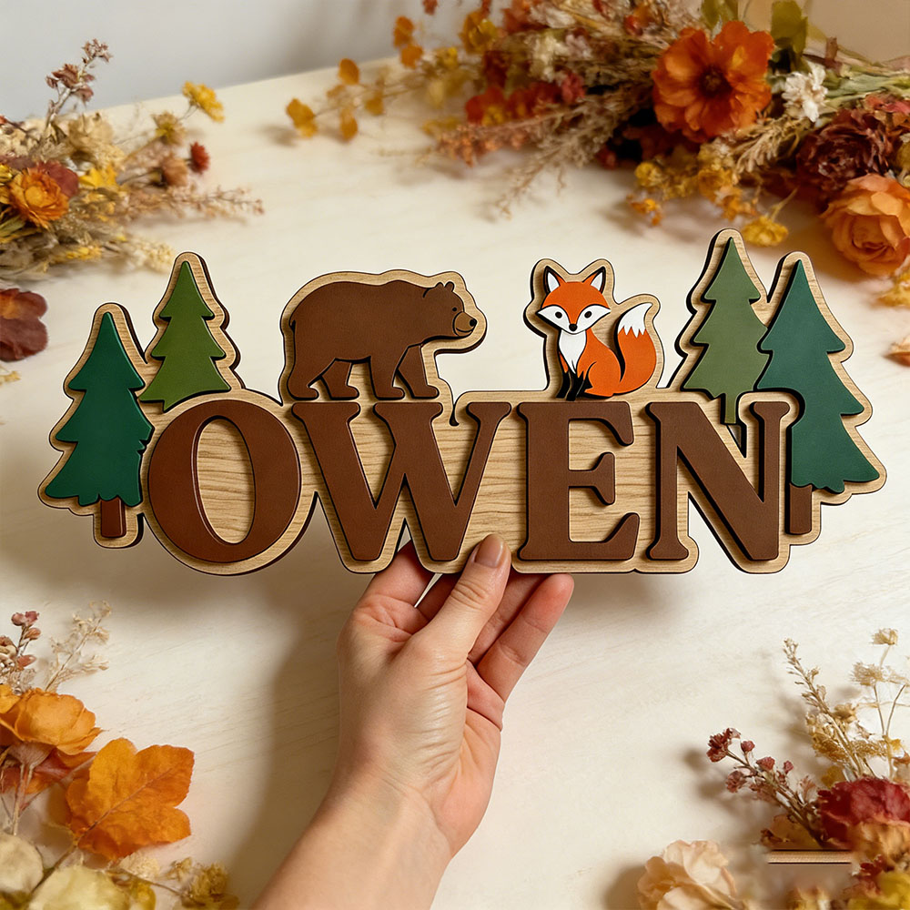Baby Nursery Forest Theme - Targa Personalizzata in Legno per Porta